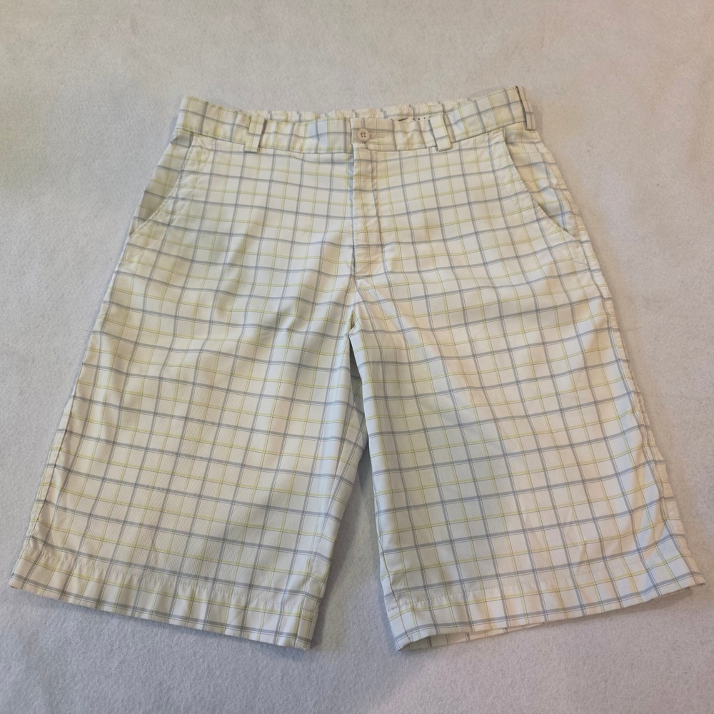Nike Golf Dri-FIT Plaid Shorts Mens 33 White Grey Yellow 381268-100 Read
